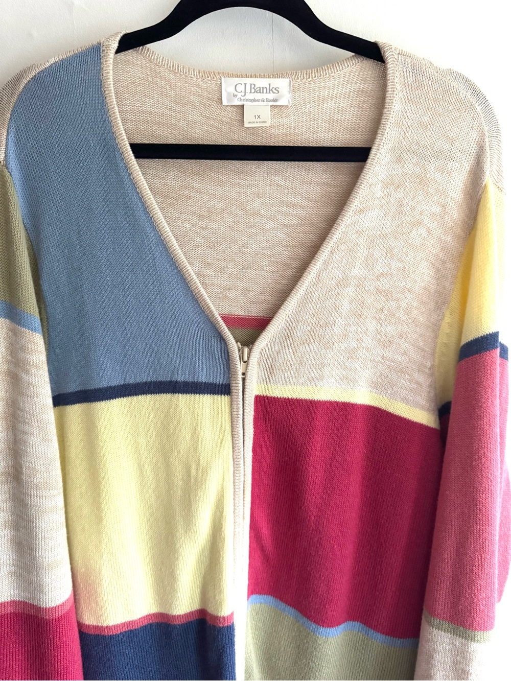 CJ Banks Vintage Colorblock Zip Front Sweater - 1X